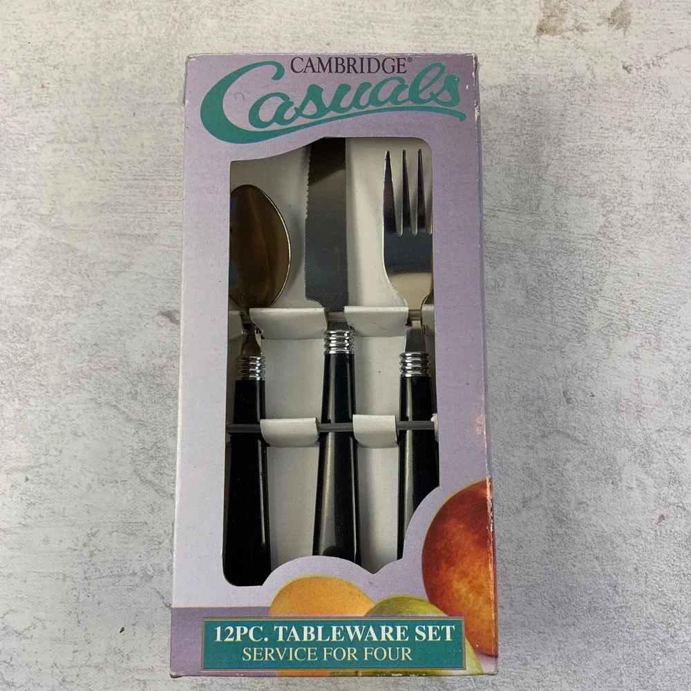 Vintage Cambridge Casuals Escapade Black 12pc Flatware Set NIB Discontinued